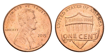 США 1 цент 2015 D, Линкольн KM 468 цинк плакированный медью 4674-727