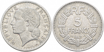 ФРАНЦИЯ 5 ФРАНКОВ 1947 OPEN 9 KM 888b.1 алюминий 4403-222