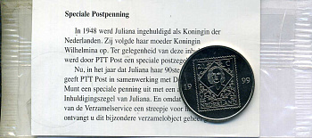 Нидерланды медаль "50 лет коронации королевы Юлиана в 1948" 1999 Королева Юлиана была коронована в 1948 году как королева Нидерландов. По этому случаю почта PTT выпустила первую марку в честь этого особого события (коронационная марка). Сто лет спустя поч