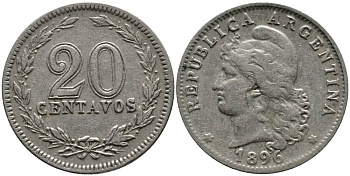 Аргентина 20 сентаво 1896 голова свободы влево KM 11 медно-никель 4528-249