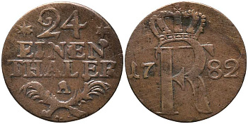 ПРУССИЯ 1/24 ТАЛЕРА 1782 А, ФРИДРИХ II (1740-1786) KM 296 биллон 116-661