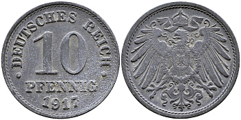 ГЕРМАНИЯ 10 ПФЕННИГОВ 1917 KM 26, J. 299 цинк 89-1447