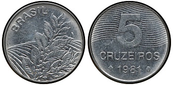 БРАЗИЛИЯ 5 КРУЗЕЙРО 1981 КОФЕ KM 591 сталь aUNC 72-931