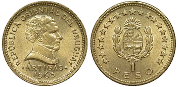 Уругвай 1 песо 1965 KM 46 алюминиевая бронза 28-816