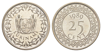 Суринам 25 центов 1989 KM 14a медно-никель UNC 4625-346