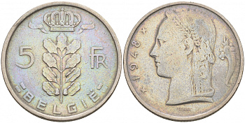 БЕЛЬГИЯ 5 ФРАНКОВ 1948 BELGIE KM 135.1 медно-никель 68-647