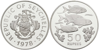 Сейшельские острова 50 рупий 1978 серия защита окружающей среды, рыбы, тираж 4281 экз. KM 39 серебро PROOF 00-00