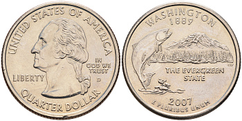 США 25 центов (квотер) 2007 D, серия штаты США, штат Вашингтон KM 397 медь плакированная медно-никелем UNC 4589-626