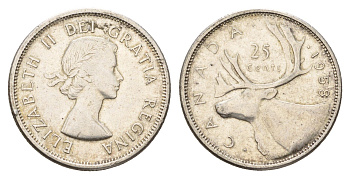 Канада 25 центов 1958 Елизавета II (1952-2022), олень KM 52 серебро 181-345