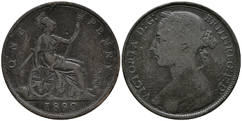 Великобритания 1 пенни 1890 Виктория (1837-1901) KM 755, Spink 3954 бронза 32-812