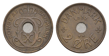 Дания 2 эре 1937 N, Кристиан X (1912-1947) KM 827 бронза 4658-248