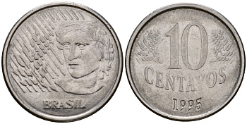 Бразилия 10 сентаво 1995 голова свободы KM 633 нержавеющая сталь 219-823