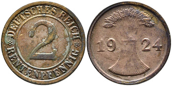 ГЕРМАНИЯ 2 РЕНТЕНПФЕННИГА 1924 E, ВЕЙМАРСКАЯ РЕСПУБЛИКА (1919-1933) KM 31, Jager 307, Weege 3 бронза 4546-811