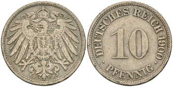 ГЕРМАНИЯ 10 ПФЕННИГОВ 1900 F KM 12, J. 13 медно-никель 4401-1217