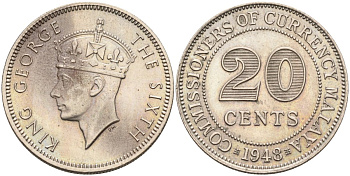 Британская Малайя 20 центов 1948 Георг VI (1937-1952) KM 9 медно-никель UNC 4591-247