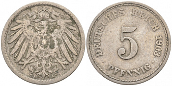ГЕРМАНИЯ 5 ПФЕННИГОВ 1903 A, KM 11, J. 12 медно-никель 73-1749