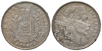 Франция 20 франков 1869 6,49 гр. KM 801.1 платина 00-000-00