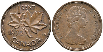 Канада 1 цент 1972 Елизавета II (1952-2022), кленовый лист KM 59.1 бронза 4528-736