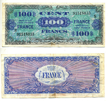 Франция 100 франков 1944 военный выпуск Pick 123 с бумага 3295-94-1