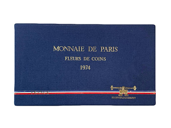 Франция официальный набор из 9 монет (1, 5, 10, 20 сантимов; 1/2, 1, 5, 10 и 50 франков) 1974 в оригинальной упаковке, с сертификатом KM SS 11 (925.1, 926a.1, 928, 929, 930, 931.1, 933, 940 и 941.1) BU 1-4-6-21