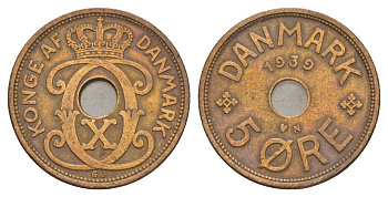 Дания 5 эре 1939 N, Кристиан X (1912-1947) KM 828 бронза 4638-627