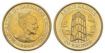 Дания 20 крон 2002 Башня Ратуши, Орхус KM 889 алюминиевая бронза UNC 4657-1241