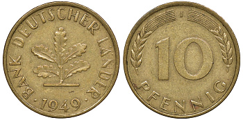 ФРГ 10 пфеннигов 1949 J KM 103, J. 378 сталь плакированная латунью 4163-322