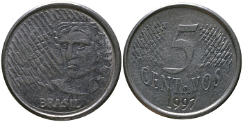 Бразилия 5 сентаво 1997 KM 632, Schon 141 нержавеющая сталь 4519-653