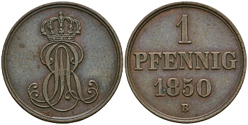 Ганновер 1 пфенниг 1850 B, Эрнст Август (1837-1851) KM 201.1, AKS 129, J. 74 медь 4608-1064