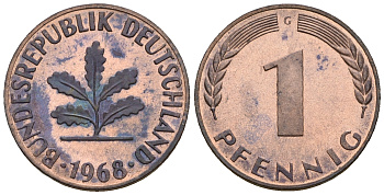 ФРГ 1 пфенниг 1968 G KM 105, J.380 сталь плакированная медью PROOF 1094-7-55
