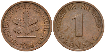 ФРГ 1 пфенниг 1988 J KM 105, J. 380 сталь плакированная медью    4598-655