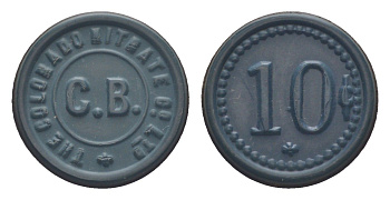 Чили, Кармен Баджо (Carmen Bajo), Посо-Альмонте шахтерский жетон с Селитряного рудника для покупки в местных магазинах, номиналом в 10 сентаво 1880-1920 диаметр 21 мм, вес 1,12 гр Espinosa 65.5 эбонит (синий) 1094-3-61