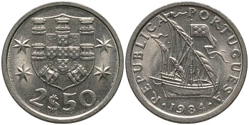 Португалия 2,5 эскудо 1984 парусник KM 590 медно-никель UNC 181-342