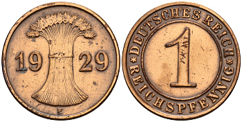 Германия 1 рейхспфенниг 1929 E KM 37,  J. 313 бронза    4152-1247