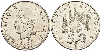Французская Новая Каледония 50 франков 2003 хижина среди сосен и пальм, (IEOM) KM 13, Schoen 15, Lec 121 никель 4123-1214