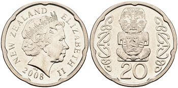 Новая Зеландия 20 центов 2008 Елизавета II (1952-2022), идол Пукаки KM 118а никелированная сталь 4579-1221