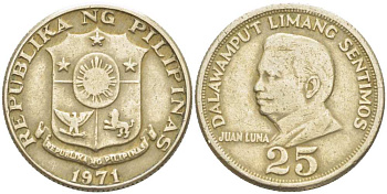 ФИЛИППИНЫ 25 СЕНТИМО 1971 ХУАН ЛУНА KM 199 медь цинк никель 4513-927