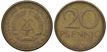 ГДР 20 пфеннигов 1969 А, первый год KM 11 латунь 62-945