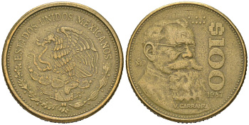 Мексика 100 песо 1987 Мо, Венустиано Карранса де ла Гарса KM 493 алюминиевая бронза 186-931