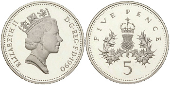 Великобритания 5 пенсов 1990 Елизавета II (1952-2022) KM 937a, Spink D3 серебро PROOF 1066-4-15