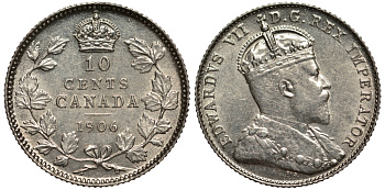 Канада 10 центов 1906 Эдуард VII KM 10 серебро  aUNC  1518-315