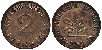 ФРГ 2 ПФЕННИГА 1965 F KM 106, Jager 381 бронза 4546-933