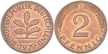 ФРГ 2 ПФЕННИГА 1979 F KM 106а, J. 381а сталь плакированная сталь плакированная медьюю 4181-832