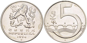 Чехия 5 крон 1994 чешский лев, Карлов мост KM 8 сталь плакированная никелем 4514-725