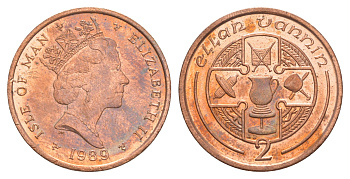 Остров Мэн 2 пенса 1989 Елизавета II (1952-2022) KM 208 бронза UNC 4648-211