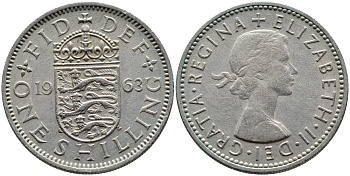 Великобритания 1 шиллинг 1963 Елизавета II (1952-2022), Английский герб KM 904, Spink 4147 медно-никель 4393-314