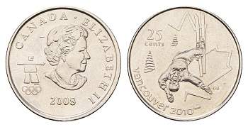 Канада 25 центов 2008 XXI зимние Олимпийские Игры, Ванкувер 2010 - Фристайл KM 765 сталь плакированная никелем UNC 4678-1155
