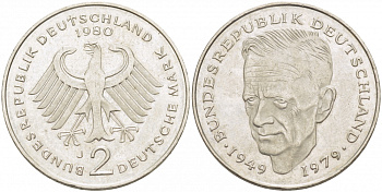 ФРГ 2 МАРКИ 1980 J, КУРТ ШУМАХЕР KM 149, J. 424 медно-никель плакированный никелем 3718-1031