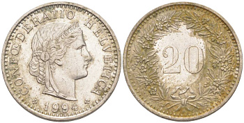 ШВЕЙЦАРИЯ 20 РАППЕНОВ 1994 В KM 29a медно-никель 55-1043