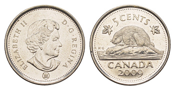 Канада 5 центов 2009 Leaf, Елизавета II (1952-2022), бобр KM 491 сталь плакированная никелем UNC 4636-634